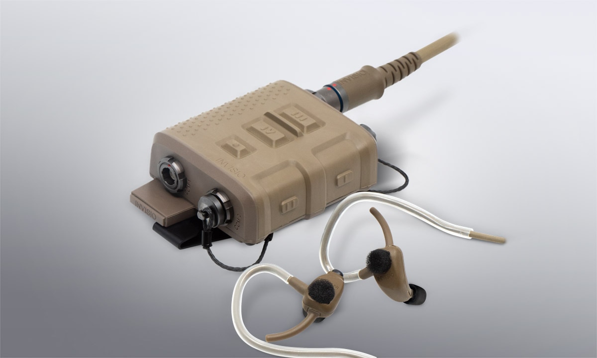 Brown military communication system with in-ear headphones